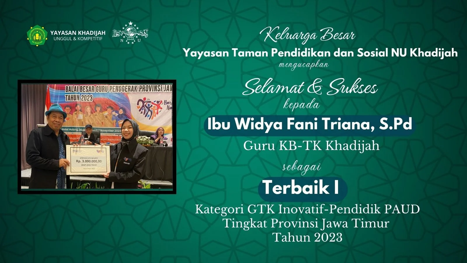 Guru KB-TK Khadijah, Widya Fani Triana, S.Pd, Terbaik I GTK Inovatif Jatim 2023 Lolos ke Tingkat Nasional